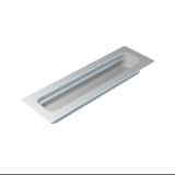 A rectangular, metallic recessed door handle with a smooth, brushed cast aluminum finish, shown from a top angle against a white background. The handle is set flush with its base, featuring rounded corners and an elongated inner grip area.
