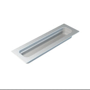 A rectangular, metallic recessed door handle with a smooth, brushed cast aluminum finish, shown from a top angle against a white background. The handle is set flush with its base, featuring rounded corners and an elongated inner grip area.