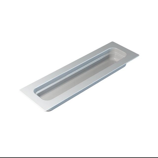A rectangular, metallic recessed door handle with a smooth, brushed cast aluminum finish, shown from a top angle against a white background. The handle is set flush with its base, featuring rounded corners and an elongated inner grip area.