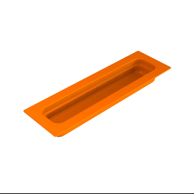 A rectangular, bright orange plastic food pan tray with rounded corners and slightly raised edges, photographed on a white background. The tray is long and narrow, designed with a recessed center area for cold holding items.
