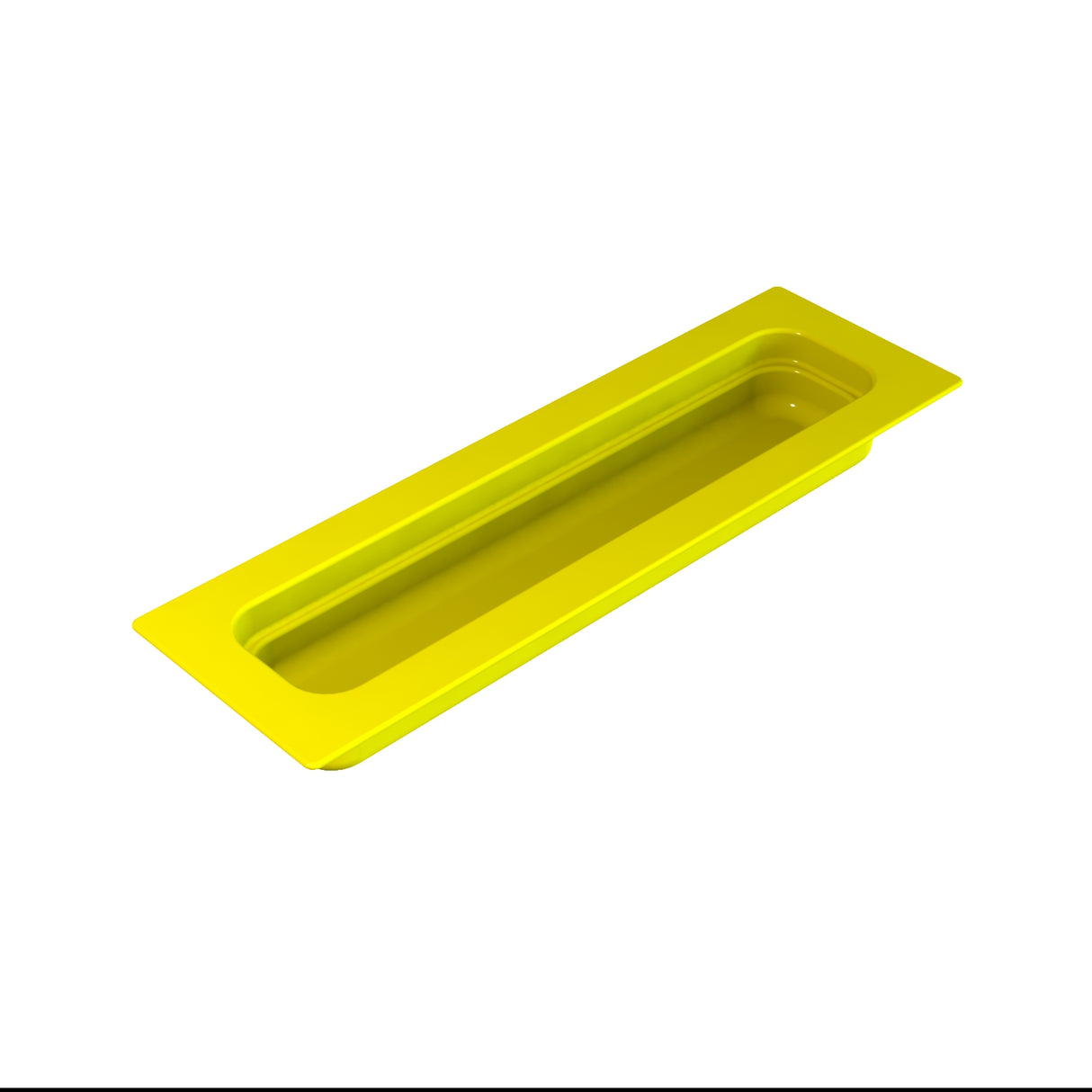 A rectangular, shallow, bright yellow food pan with rounded corners is shown at an angle on a plain white background. The tray has raised edges, a smooth, glossy surface, and is ideal for cold holding applications.