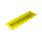 A rectangular, shallow, bright yellow food pan with rounded corners is shown at an angle on a plain white background. The tray has raised edges, a smooth, glossy surface, and is ideal for cold holding applications.