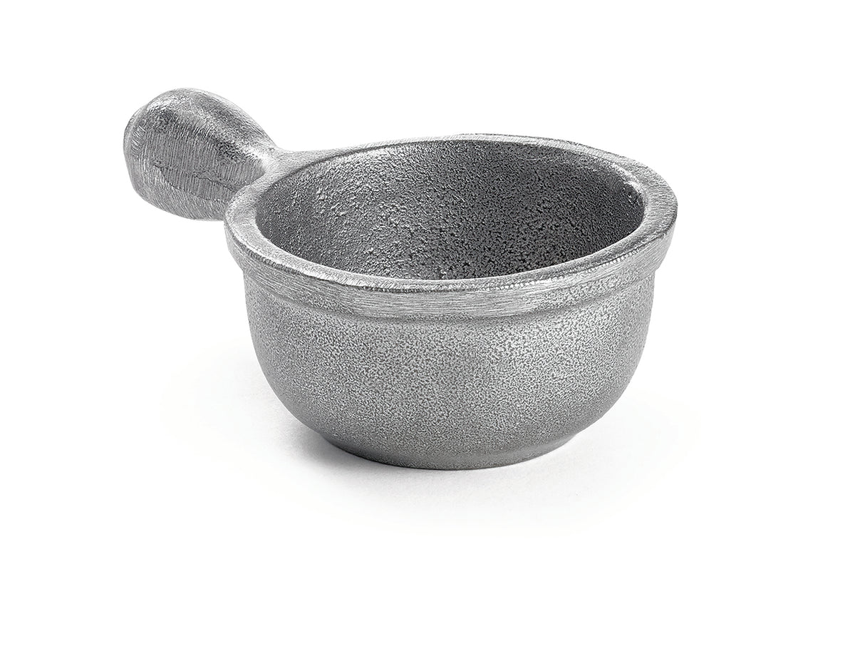 A small, round, silver-colored metal scoop with a short, thick handle. Crafted from cast aluminum with a rough, textured finish, it sits on a white background, casting a faint shadow beneath it. Dishwasher safe for easy cleaning.