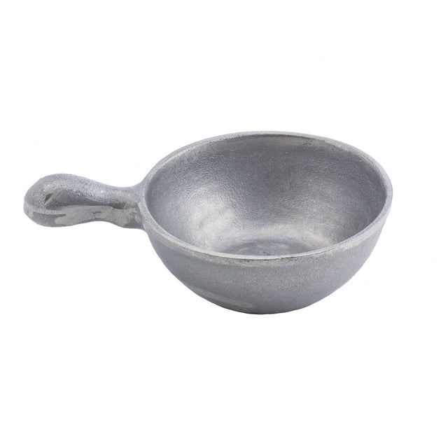 A small, round, gray metal soup bowl with a single short handle on the side. The bowl has a matte texture and appears to be made of cast aluminum or a similar material. The slightly rough surface looks unfinished against the white background.