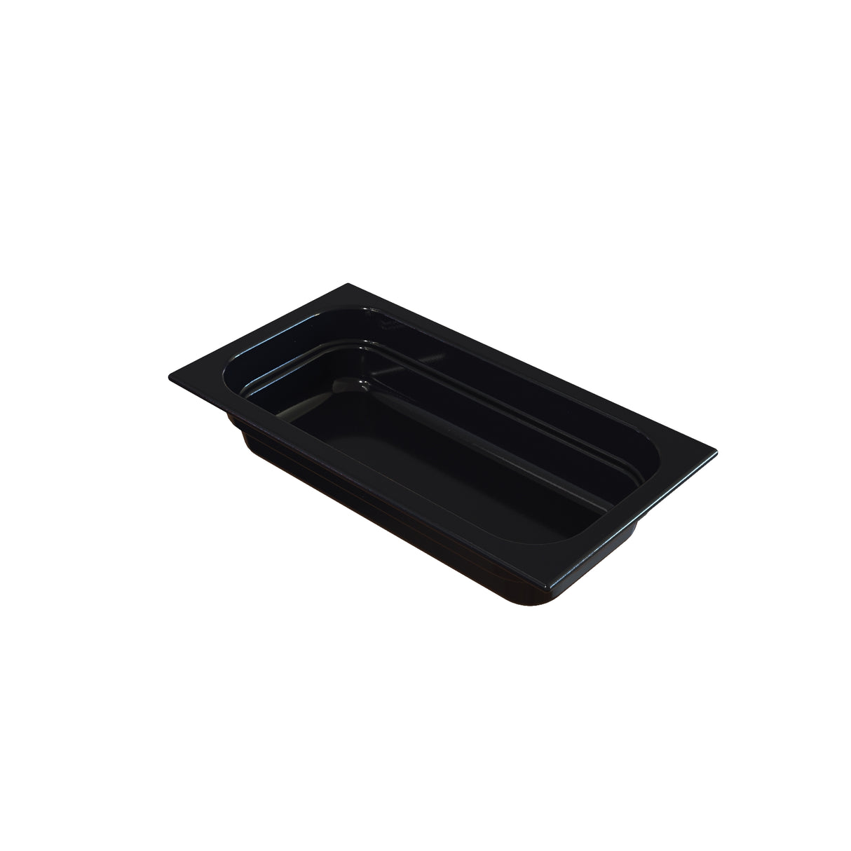 Rectangular black Food Pan with rounded corners and a flat rim, featuring a smooth surface and slight depth. NSF certified, it is ideal for food storage or serving in commercial kitchens. Set against a plain white background.