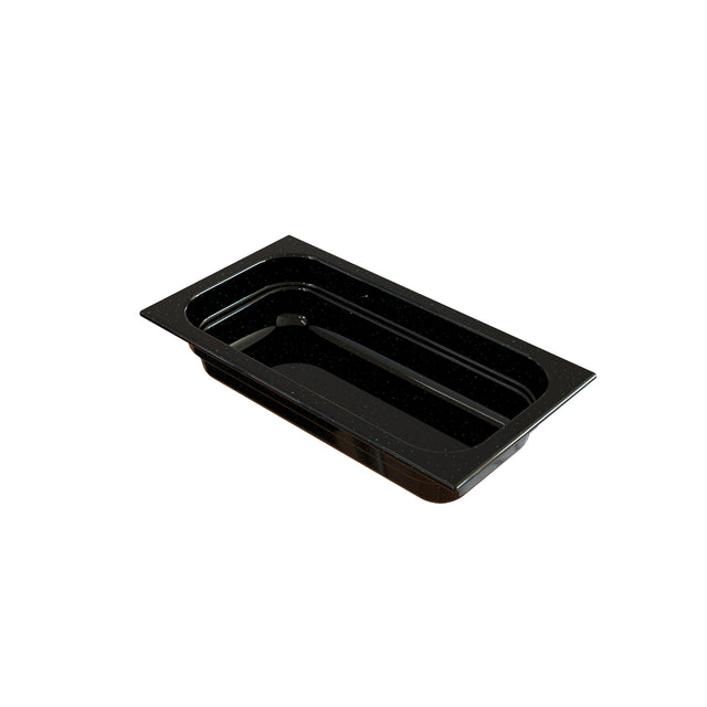 A black, rectangular food pan with rounded inner corners and a flat rim is shown on a white background. This deep food pan is ideal for cold holding, making it perfect for storage or serving in commercial kitchens or buffets.