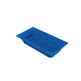 A rectangular blue cast aluminum food pan with slightly sloped sides and a wide rim, made of textured material, set against a plain white background. The empty container is angled to reveal its depth, ideal for cold holding applications.