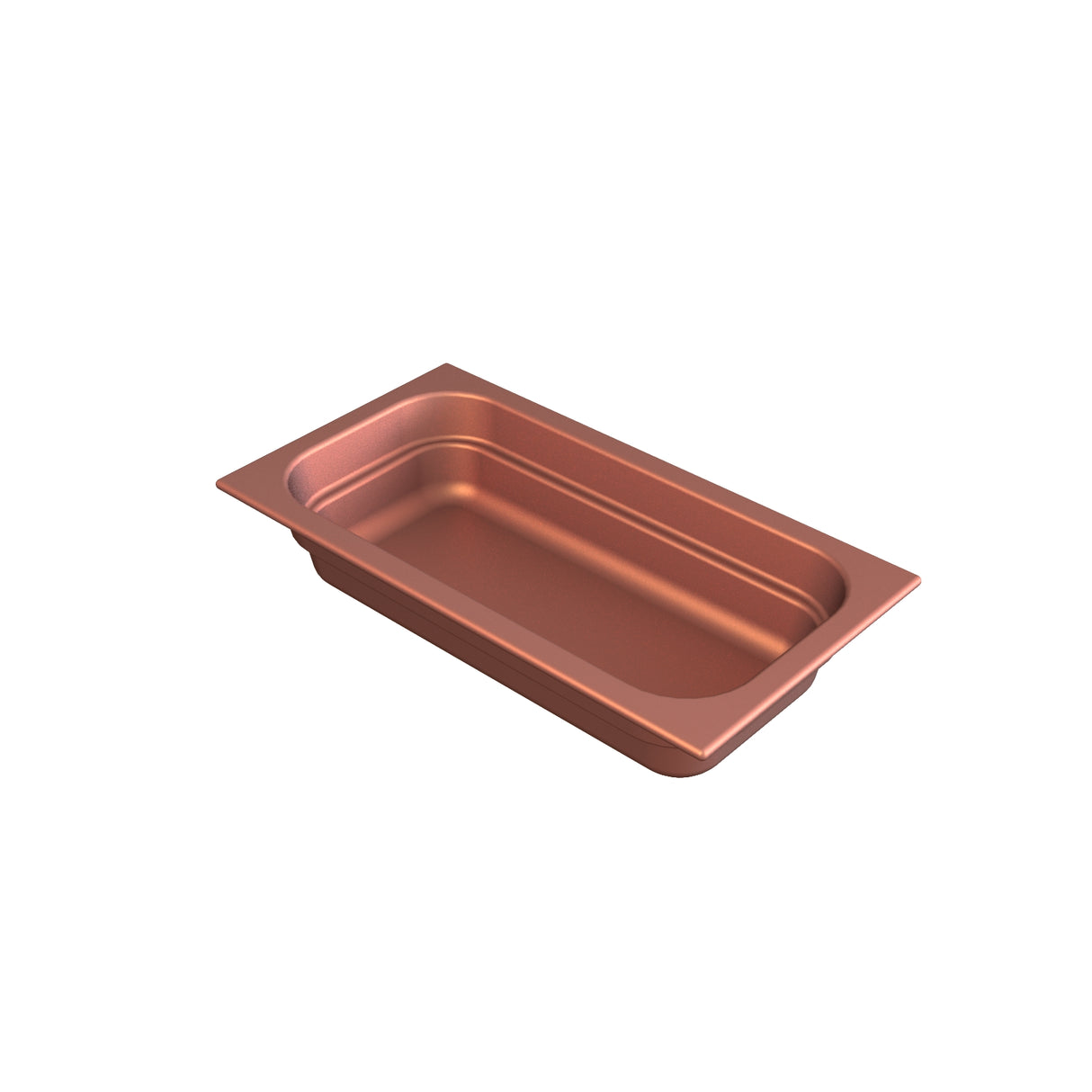 A rectangular, metallic, copper-colored cast aluminum food pan with rounded corners and slightly flared edges is set against a plain white background. The shallow design is ideal for buffet setups and cold holding applications.