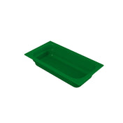 A green, rectangular plastic Food Pan with rounded corners and a wide lip around the top edge, ideal for cold holding. Set against a plain white background, this shallow pan is perfect for food storage or serving in commercial kitchens or buffets.