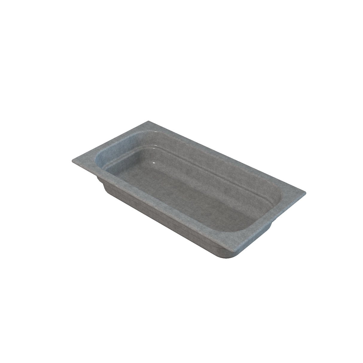 A rectangular, gray, shallow food pan with rounded corners and a wide rim, viewed from a high angle on a white background. The tray appears empty and has a smooth surface and simple design.