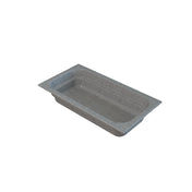 A rectangular, gray, shallow food pan with rounded corners and a wide rim, viewed from a high angle on a white background. The tray appears empty and has a smooth surface and simple design.