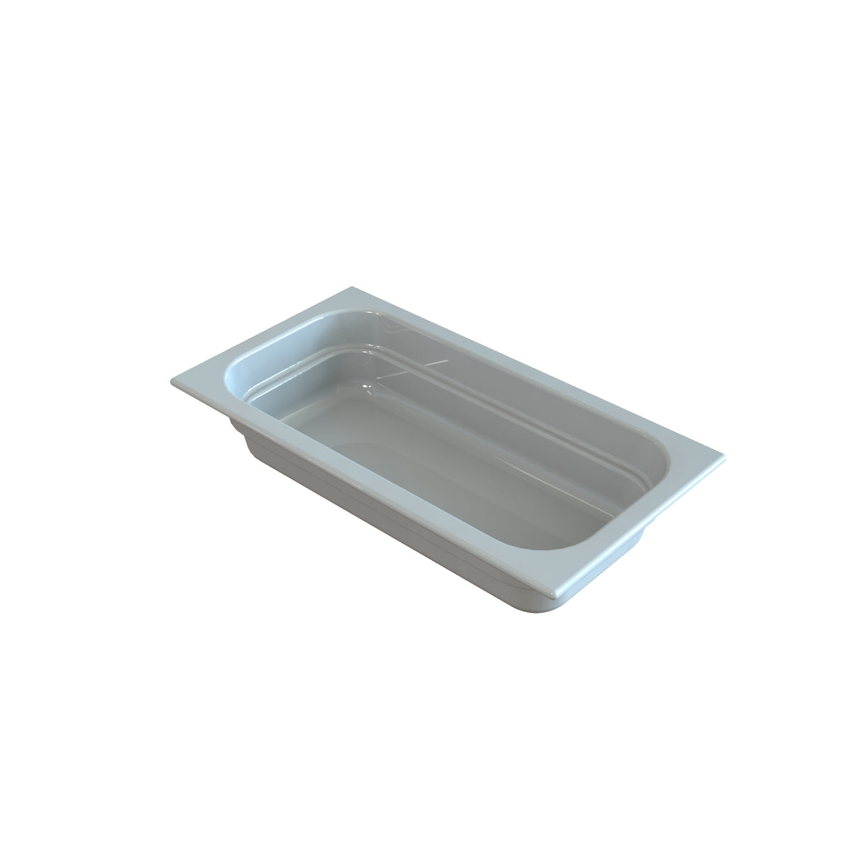 A rectangular white bathtub with a smooth, glossy finish and rounded interior corners resembles the clean lines of a cast aluminum food pan. The tub has a flat rim and is isolated on a plain white background, with no visible fixtures or faucets.