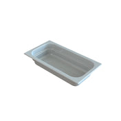 A rectangular white bathtub with a smooth, glossy finish and rounded interior corners resembles the clean lines of a cast aluminum food pan. The tub has a flat rim and is isolated on a plain white background, with no visible fixtures or faucets.