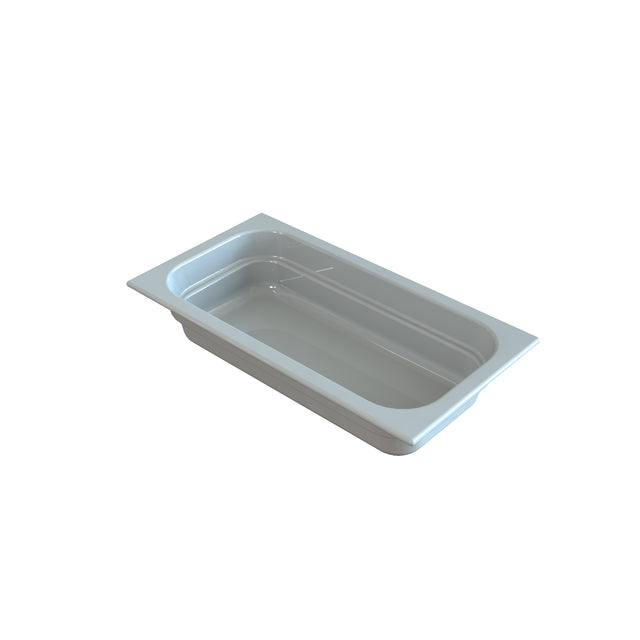 A rectangular white bathtub with a smooth, glossy finish and rounded interior corners resembles the clean lines of a cast aluminum food pan. The tub has a flat rim and is isolated on a plain white background, with no visible fixtures or faucets.