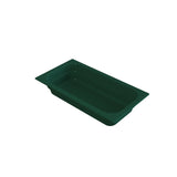 A dark green, rectangular plastic food pan with rounded corners and a wide rim, shown at an angle on a white background. The shallow pan is ideal for cold holding and is often used in food service settings for storage or serving.