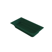 A dark green, rectangular plastic food pan with rounded corners and a wide rim, shown at an angle on a white background. The shallow pan is ideal for cold holding and is often used in food service settings for storage or serving.