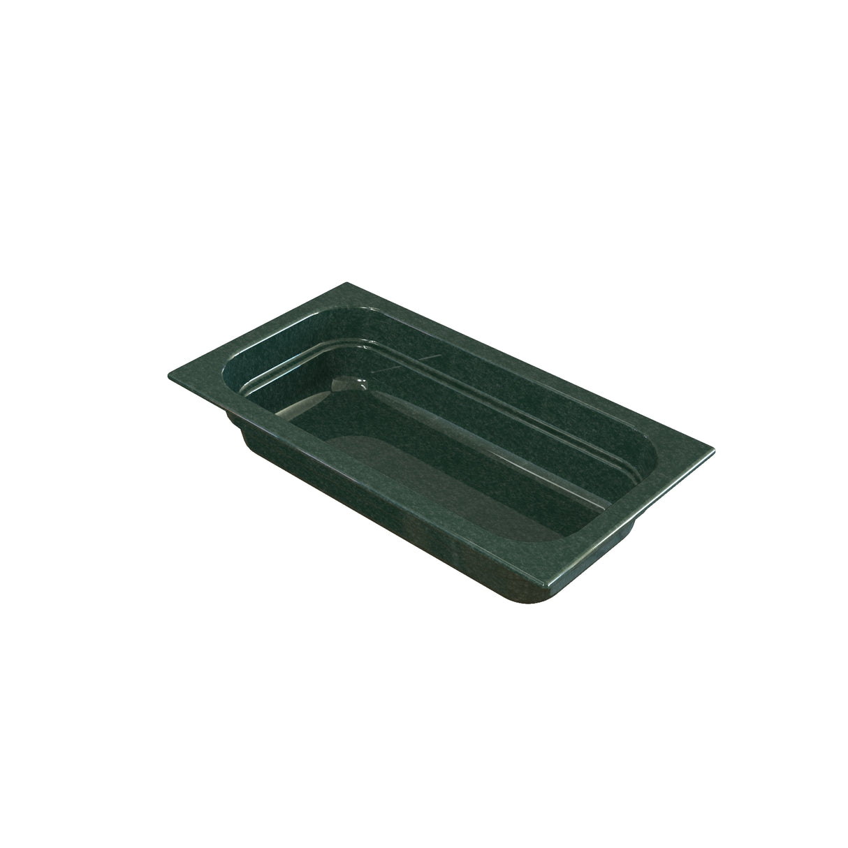 A deep, rectangular, dark green cast aluminum bathtub with rounded inner edges and a flat, wide rim sits on a white background. The tub’s glossy surface features subtle reflections, suggesting a smooth finish reminiscent of a food pan.