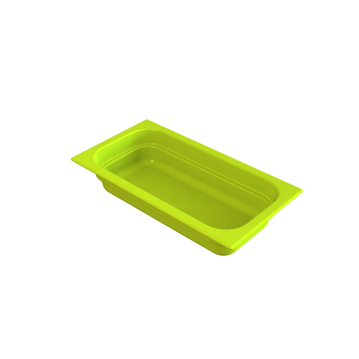 A bright green rectangular food pan with raised edges, shown on a white background. The tray is empty and has smooth, rounded corners and a glossy finish—ideal for cold holding applications.