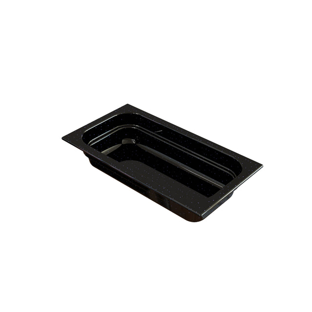 A rectangular, glossy black bathtub with rounded inner edges and a flat rim on all sides. Its cast aluminum-like smooth finish and modern design are shown isolated on a white background, with no visible fixtures or hardware.