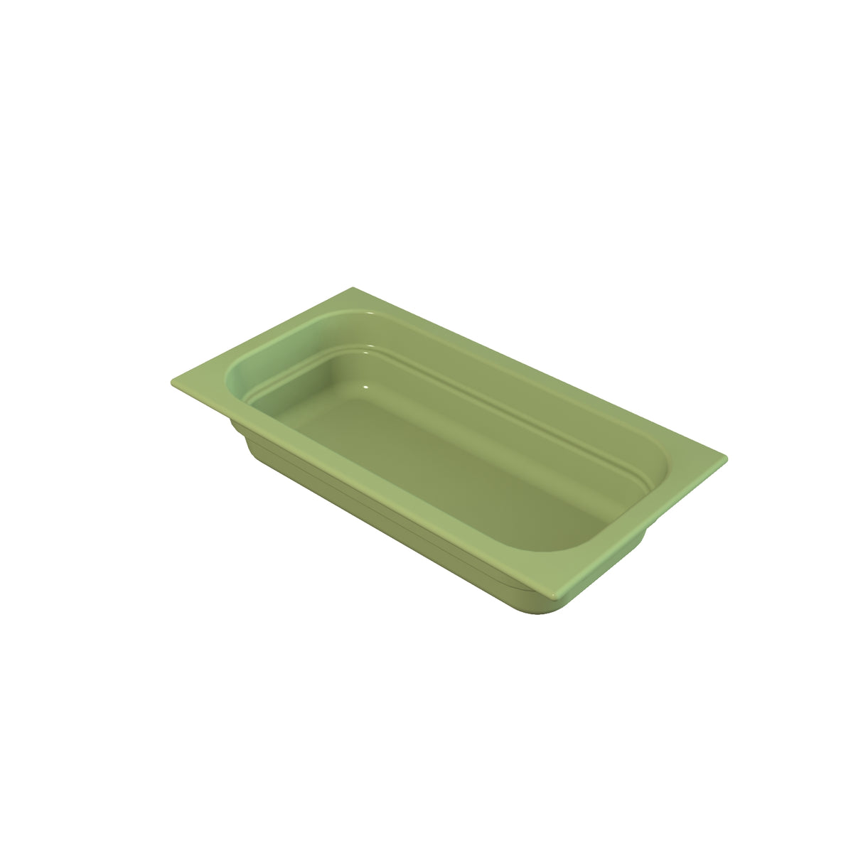 A rectangular, shallow, light green plastic food pan with rounded corners and slightly raised edges, ideal for cold holding needs. Set against a plain white background, the tray appears empty and clean.