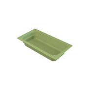 A rectangular, shallow, light green plastic food pan with rounded corners and slightly raised edges, ideal for cold holding needs. Set against a plain white background, the tray appears empty and clean.