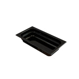 A black rectangular food pan with rounded inner corners and a wide rim, shown at an angle on a white background. Ideal for cold holding, its glossy surface highlights the pan’s clean, empty appearance.