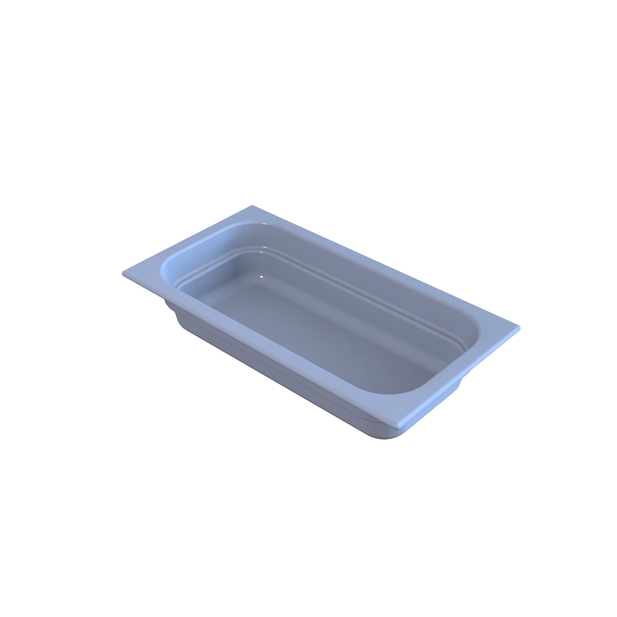 A rectangular, light blue plastic food pan with rounded corners and slightly tapered sides. Designed for cold holding, the pan features a wide rim and smooth interior, shown angled slightly from above on a plain white background.