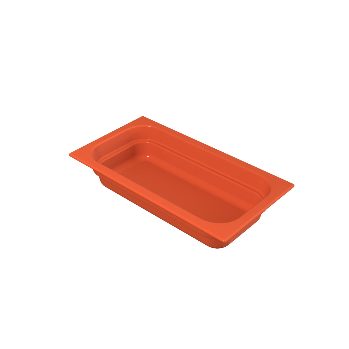 A rectangular, orange food pan with rounded corners and slightly flared sides. The shallow pan is designed for cold holding and is photographed on a white background, angled to highlight its depth and rim detail.