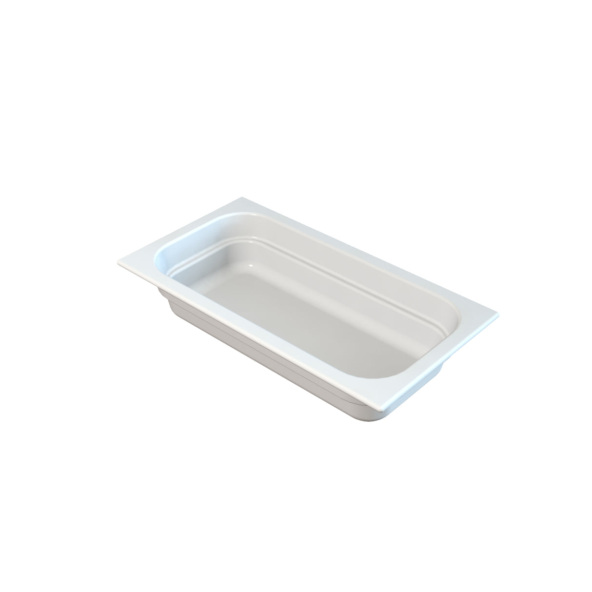 A white, rectangular food pan with rounded inner corners and raised edges is shown at an angle on a plain white background. The pan appears clean and empty, ideal for cold holding or serving food in a kitchen or buffet setting.
