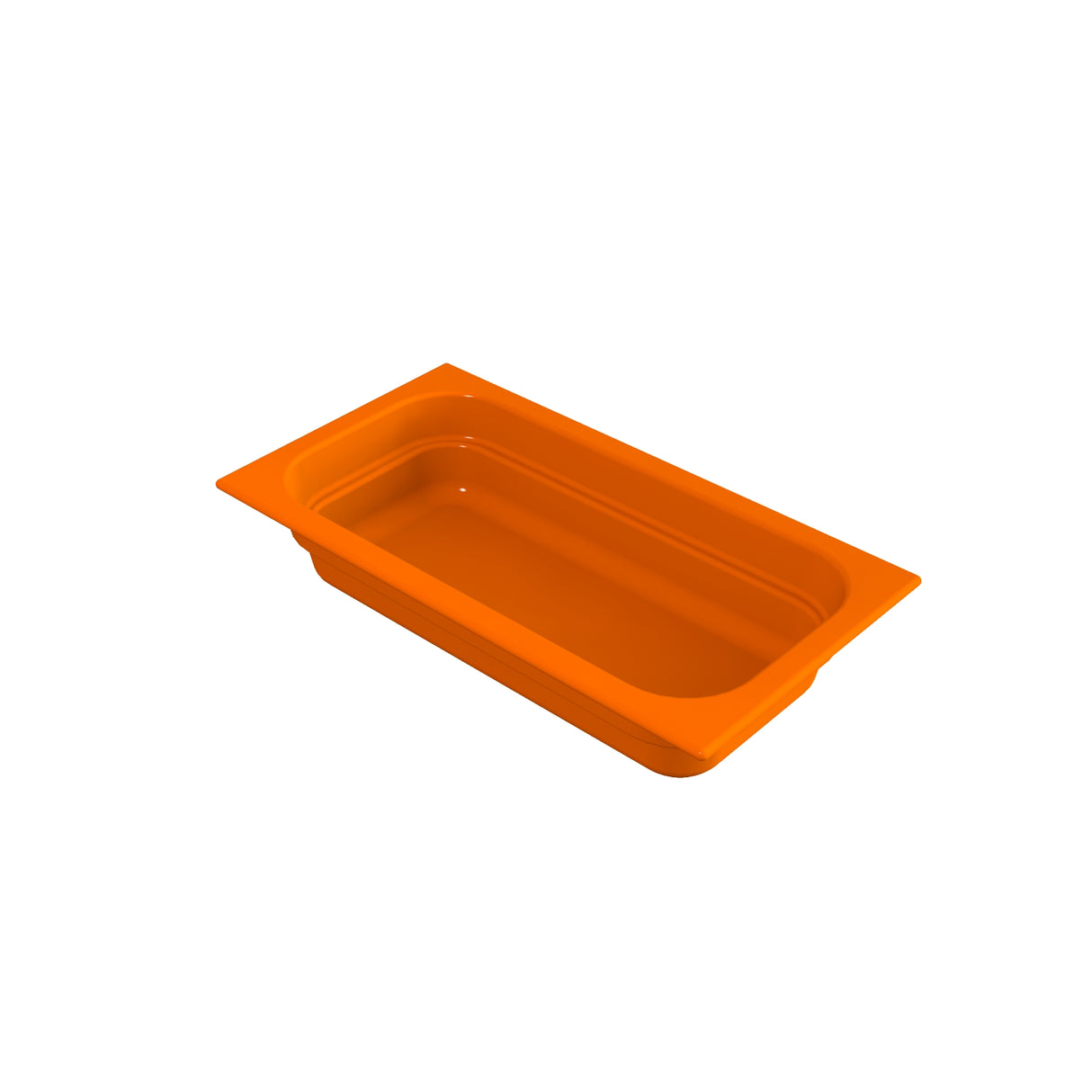 A rectangular, orange plastic food pan with rounded inner corners. Featuring a wide rim and smooth, glossy surface, this food pan is ideal for cold holding and is displayed empty against a plain white background.
