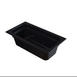 A rectangular, black plastic food pan with slightly slanted sides and a wide rim, viewed from above at an angle against a plain white background. Ideal for cold holding, the pan appears empty and has smooth, shiny surfaces.