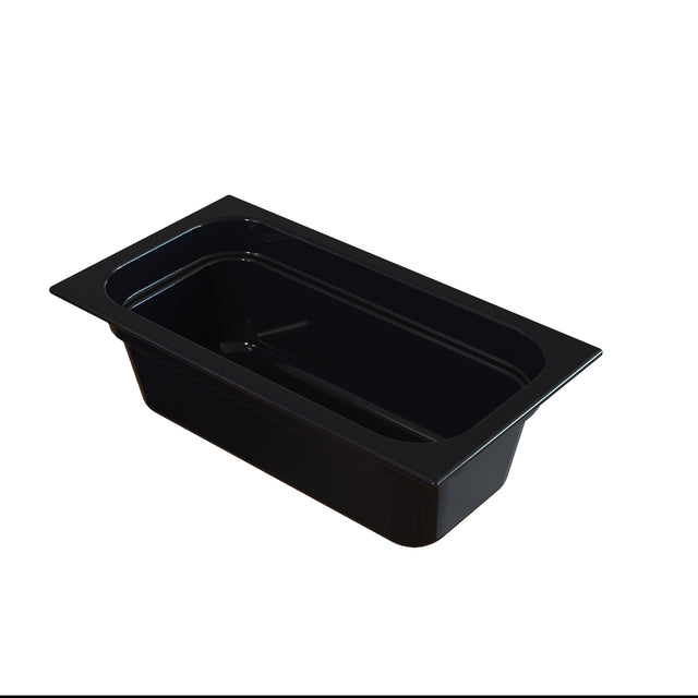 A rectangular, black plastic food pan with slightly slanted sides and a wide rim, viewed from above at an angle against a plain white background. Ideal for cold holding, the pan appears empty and has smooth, shiny surfaces.