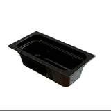 A black, rectangular plastic food pan with a flat rim and rounded interior corners sits on a white background. The deep, glossy container reflects light and is commonly used in commercial kitchens for cold holding and food storage.