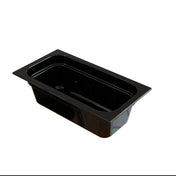 A black, rectangular plastic food pan with a flat rim and rounded interior corners sits on a white background. The deep, glossy container reflects light and is commonly used in commercial kitchens for cold holding and food storage.