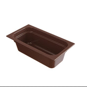 A brown rectangular plastic food pan with rounded corners and smooth edges, viewed from above at an angle on a white background. The empty pan features a glossy surface ideal for cold holding applications.