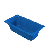 A rectangular, blue plastic food pan with slightly flared sides and a wide rim, ideal for cold holding. The surface has a slightly textured finish. The pan is empty and shown on a plain white background.
