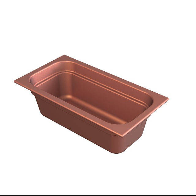 A rectangular, copper-colored cast aluminum food pan with rounded inner corners and outwardly flared edges is shown at a slight angle on a white background. The sturdy pan is ideal for cold holding in kitchens or buffets.