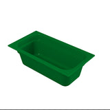 A green rectangular plastic food pan with rounded corners, tall sides, and a wide rim, shown from an angle against a plain white background. Ideal for cold holding or food storage, this pan is often used in commercial kitchens.