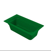 A green rectangular plastic food pan with rounded corners, tall sides, and a wide rim, shown from an angle against a plain white background. Ideal for cold holding or food storage, this pan is often used in commercial kitchens.