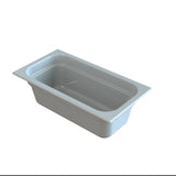 A rectangular, white bathtub with a smooth, glossy surface and rounded interior edges, viewed from a slightly elevated angle against a plain white background. The tub features a wide rim reminiscent of a cast aluminum food pan and a flat bottom.