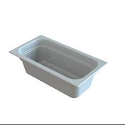 A rectangular, white bathtub with a smooth, glossy surface and rounded interior edges, viewed from a slightly elevated angle against a plain white background. The tub features a wide rim reminiscent of a cast aluminum food pan and a flat bottom.