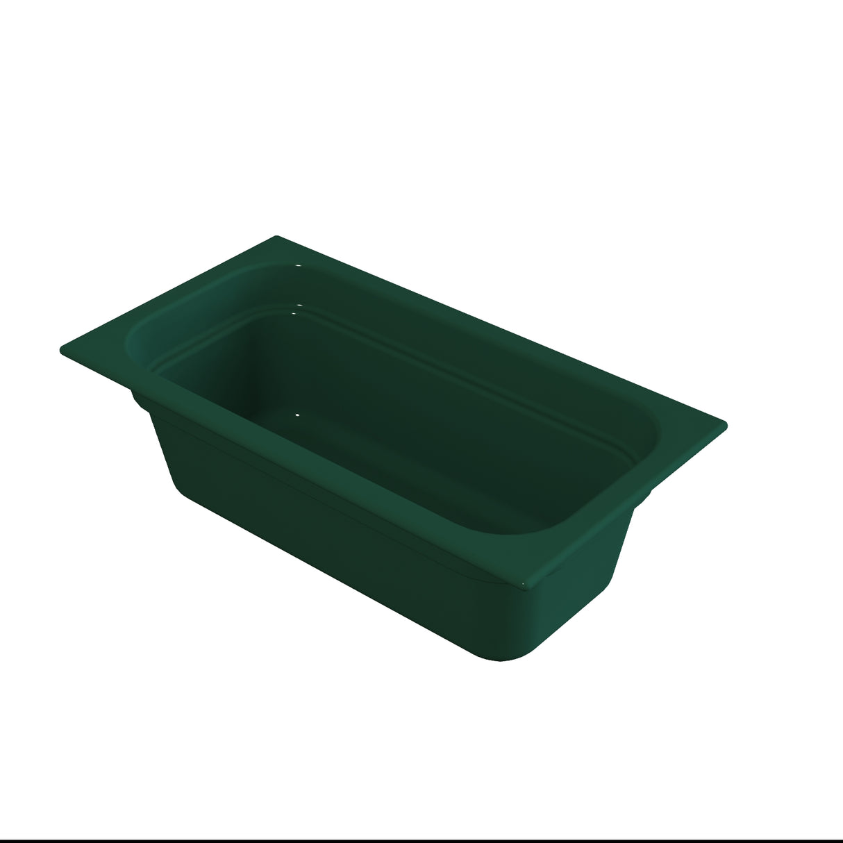 A deep, rectangular, dark green plastic food pan with wide, flat rims on the shorter sides. The cold holding pan is empty and set against a plain white background. Its smooth, glossy interior suggests it’s made for food storage or service.