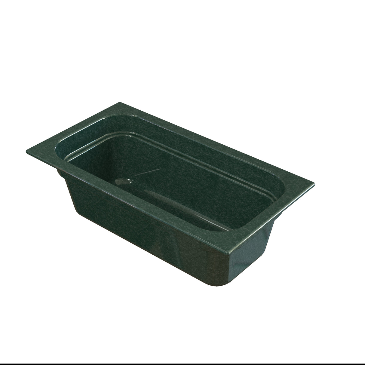 A rectangular dark green marbled bathtub with a glossy finish, wide rim, and rounded inner corners—reminiscent of a cast aluminum food pan—shown at a three-quarter angle against a white background.