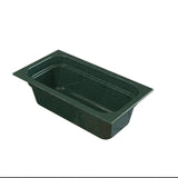 A rectangular dark green marbled bathtub with a glossy finish, wide rim, and rounded inner corners—reminiscent of a cast aluminum food pan—shown at a three-quarter angle against a white background.