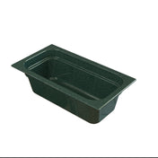 A rectangular dark green marbled bathtub with a glossy finish, wide rim, and rounded inner corners—reminiscent of a cast aluminum food pan—shown at a three-quarter angle against a white background.