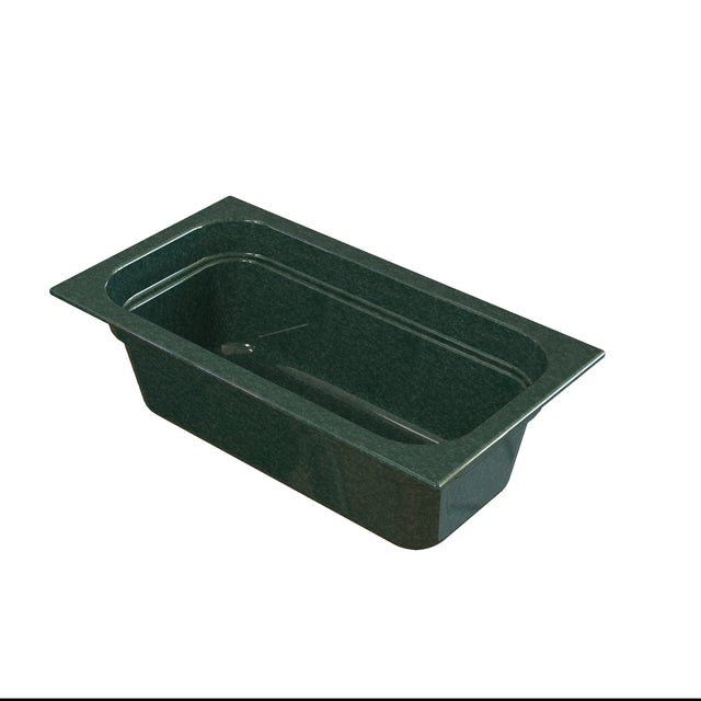 A rectangular dark green marbled bathtub with a glossy finish, wide rim, and rounded inner corners—reminiscent of a cast aluminum food pan—shown at a three-quarter angle against a white background.