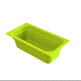 A bright green rectangular food pan with rounded corners and smooth edges, viewed from an angle above. The container is empty and sits on a plain white background, ideal for cold holding applications.
