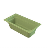 Rectangular, light green plastic food pan designed for cold holding, with straight sides and rounded corners. Viewed from a slightly elevated angle on a white background, it features a wide rim around the top edge and a smooth, seamless interior.