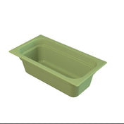 Rectangular, light green plastic food pan designed for cold holding, with straight sides and rounded corners. Viewed from a slightly elevated angle on a white background, it features a wide rim around the top edge and a smooth, seamless interior.