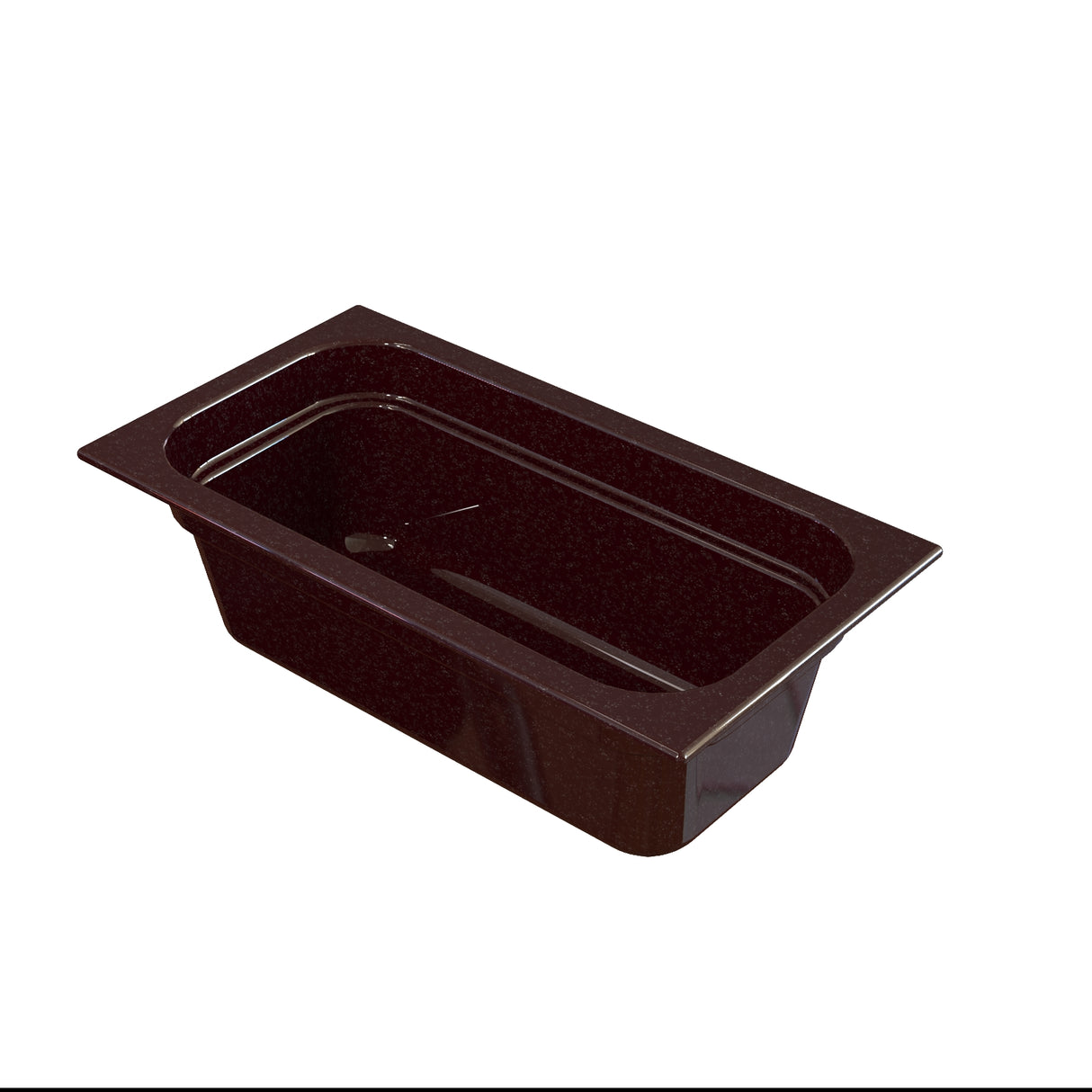 A rectangular, deep, dark brown food pan with rounded inner corners and a flat rim, designed for cold holding in food service settings. The pan is empty and shown on a white background, angled to display its depth and smooth interior surface.